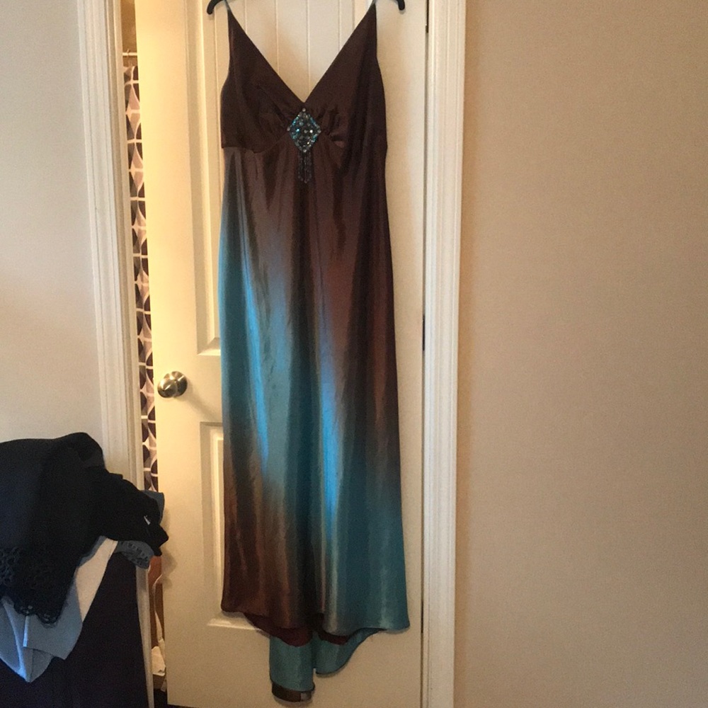 Niki Lavis hombre brown and teal satin dress